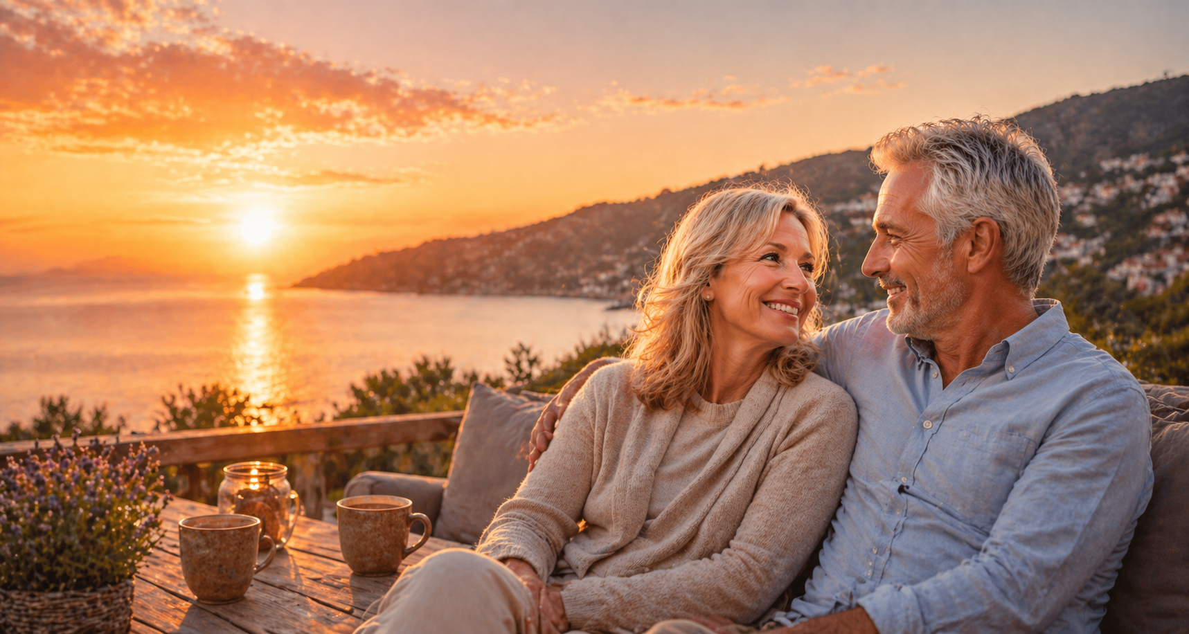 Gelukkig 50+ koppel geniet van zonsondergang