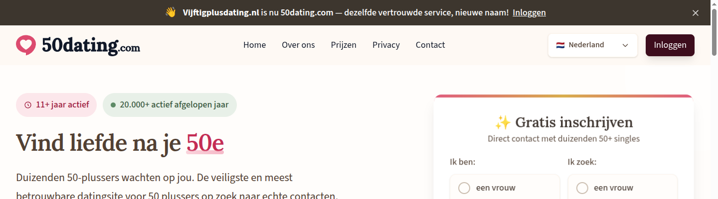 Screenshot van de 50dating website