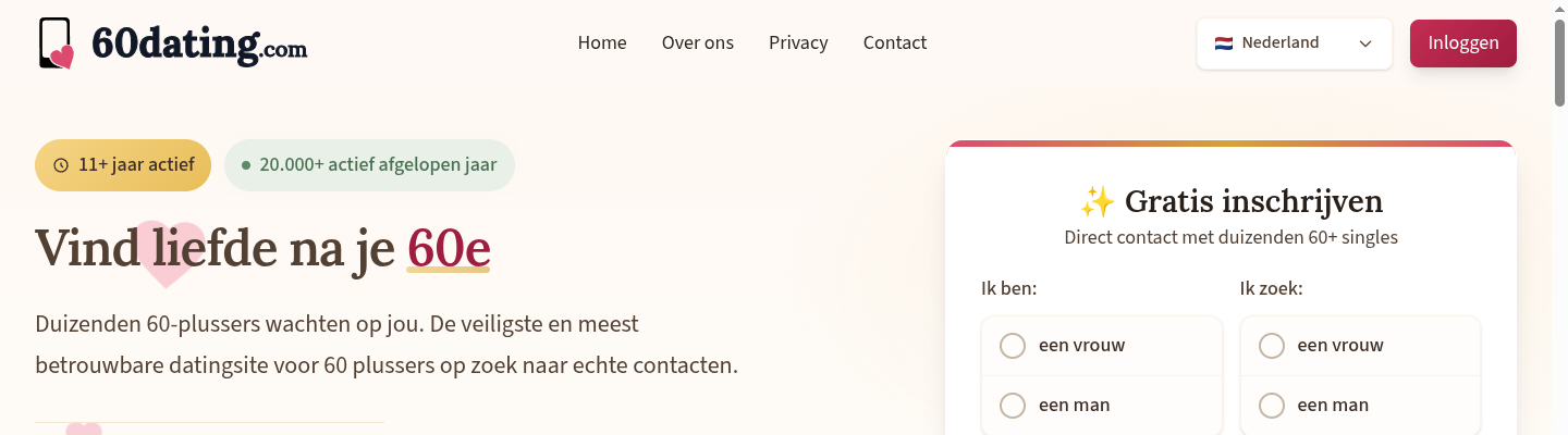 Screenshot van de 60dating website